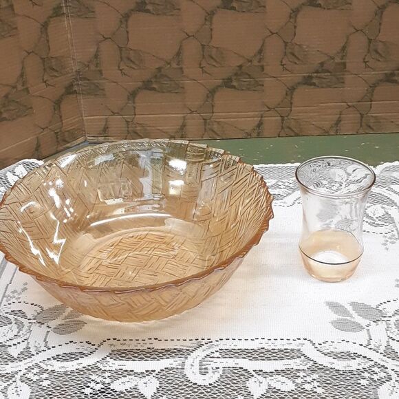 2-Pc. bundle of depression Indiana Marigold amber bowl and toothpick holder. - Picture 1 of 11